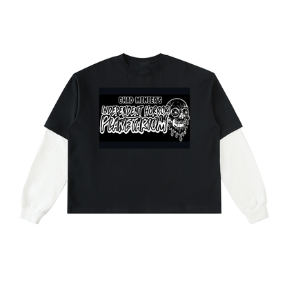 Independent Horror Planetarium Logo “Grunge Style” Black and White Double Sided Independent Horror Planetarium Logo / VHS Horror Sticker Black and White “Grunge Style” Layered Contrast Sleeve Cotton T-Shirt