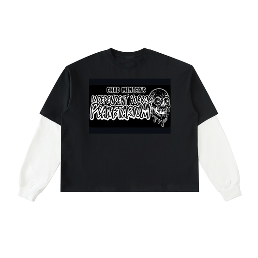 Independent Horror Planetarium Logo “Grunge Style” Black and White Double Sided Independent Horror Planetarium Logo / VHS Horror Sticker Black and White “Grunge Style” Layered Contrast Sleeve Cotton T-Shirt