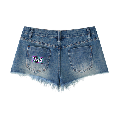 Double Sided VHS / VHS Black Women's Vintage Wash Raw Hem Denim Shorts