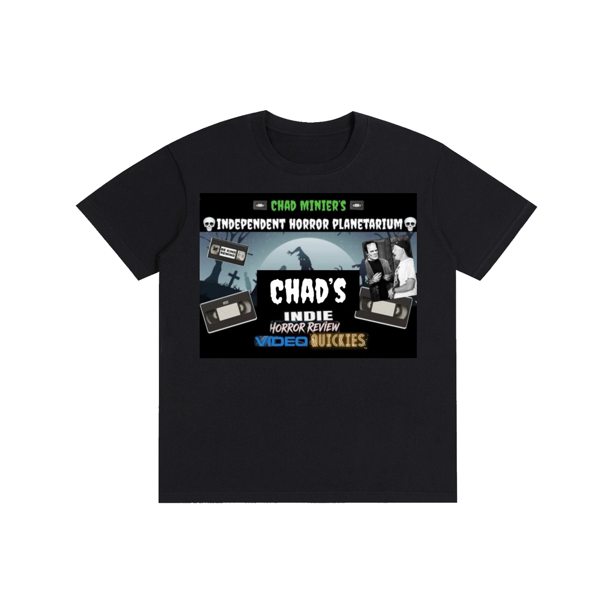 Double Sided Deluxe Video Review Logo / Support Indie Horror Black Cotton T-Shirt