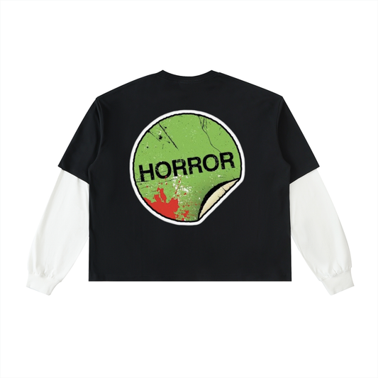 Independent Horror Planetarium Logo “Grunge Style” Black and White Double Sided Independent Horror Planetarium Logo / VHS Horror Sticker Black and White “Grunge Style” Layered Contrast Sleeve Cotton T-Shirt